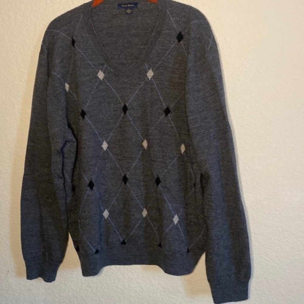 mens merino wool sweater diamond Large golf vneck luxury preppy gray